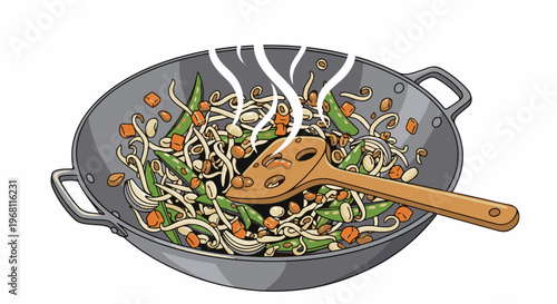 Steaming stir-fry with noodles, vegetables, and a wooden spoon in a wok