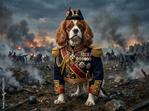 Noble Cavalier King Charles Spaniel Dog as a High-Ranking Military General on a Smoky Historical Battlefield