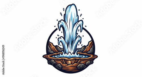 Stylized fountain spraying water upwards within a circular frame