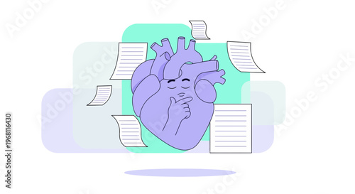 Purple Heart Pondering, Thinking About Papers, Conceptual Illustration