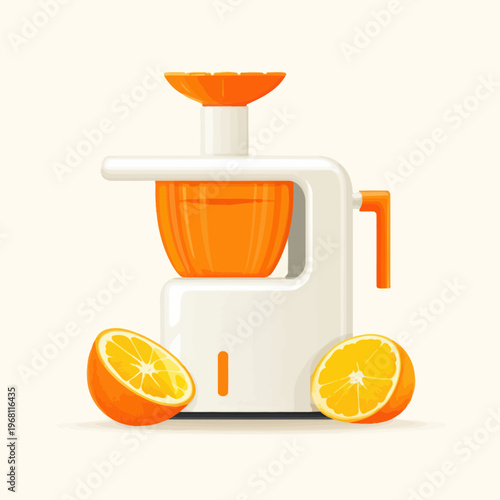 Modern citrus juicer with fresh orange halves