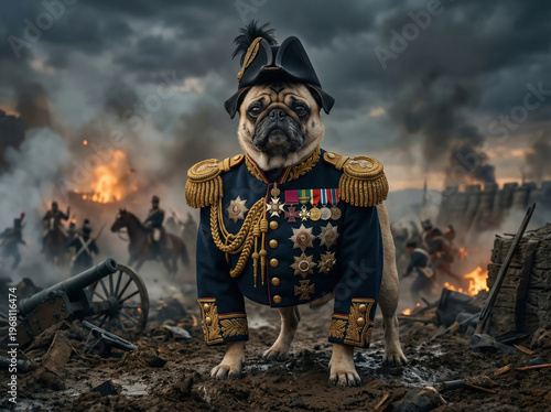 Stoic Pug Dog as a Decorated Military General Standing on a Smoky Historical Battlefield with Cannons