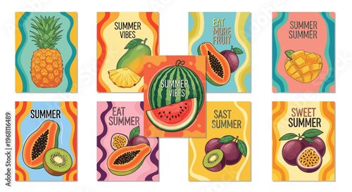 Colorful Summer Fruit Illustrations Collage.