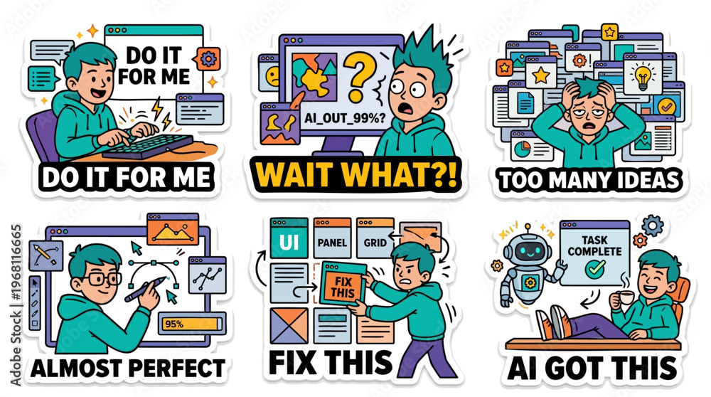Obraz premium Generative AI user life cartoon sticker set flat vector featuring prompt engineering process wait what error too many ideas almost perfect fix this and task complete with robot assistant concept