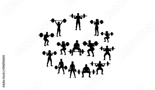 Weightlifting silhouettes in circular layout with male and female barbell exercises black flat vector fitness design