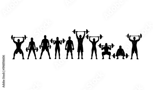 Weightlifting silhouette vector set in horizontal layout with men and women performing barbell gym exercises