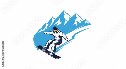 Snowboarder carving down snowy mountain slope with blue peaks
