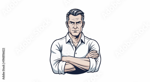 Stern-faced man in a white shirt with arms crossed