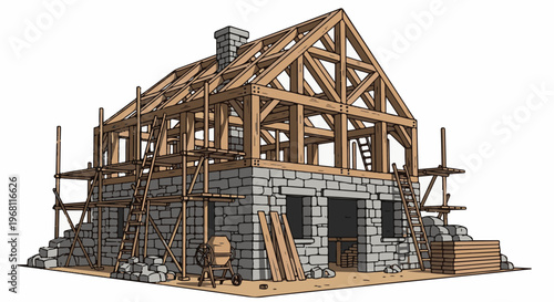 Stone and timber house construction in progress with scaffolding and materials