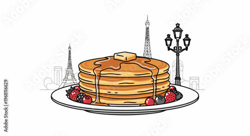 Stack of pancakes with berries, syrup, butter, and Parisian landmarks in background