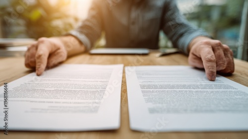 Person Comparing Two Documents Side by Side on Wooden Desk