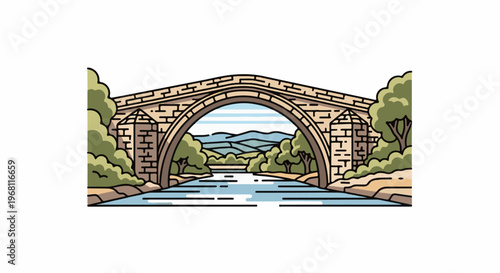 Stone arch bridge over a river with trees and rolling hills beyond