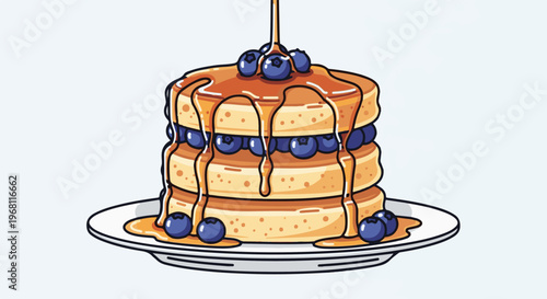 Stack of pancakes with blueberries and syrup drizzled on top