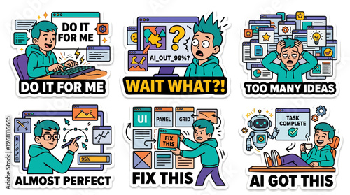 Generative AI user life cartoon sticker set flat vector featuring prompt engineering process wait what error too many ideas almost perfect fix this and task complete with robot assistant concept