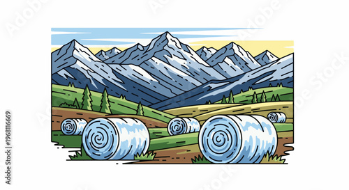 Snow-capped mountains overlook a field with hay bales under a bright sky