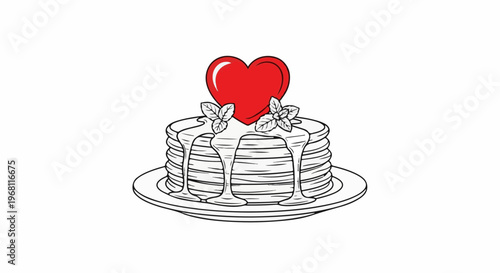 Stack of pancakes with syrup, heart, and mint leaves