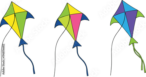 Colorful geometric kite illustration set with abstract shapes, modern flat design, playful bright colors, minimal background, vector art for decoration, creativity theme