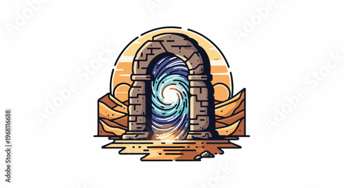 Stone archway portal with swirling energy and desert landscape