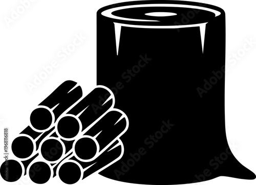 Large tree stump with pile of cut logs silhouette illustration representing forestry wood industry deforestation and timber production.