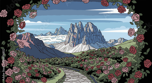 Stone path through a rose garden leading to a majestic mountain range