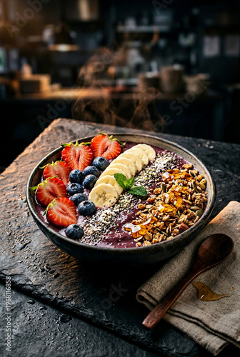 Colorful Acai Smoothie Bowl with Fresh Fruits and Granola, Healthy Vegan Breakfast Concept
