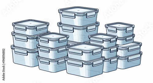 Stacked clear plastic food storage containers with latched lids