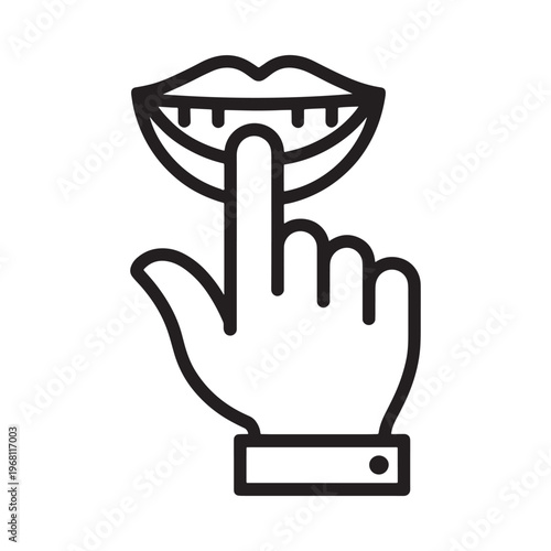 A black outline illustration depicts a finger to the lips for silence
