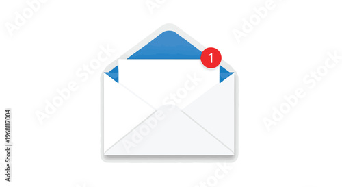 New email notification icon displaying one unread message in an open envelope digital graphic representation