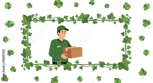 Delivery Person Holding Package Inside Green Ivy Border