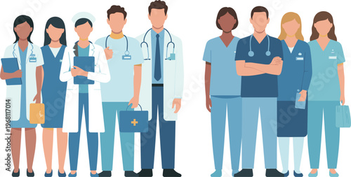 Healthcare professionals team vector illustration with doctors nurses and medical staff in uniform flat design diverse hospital workers group isolated on white background