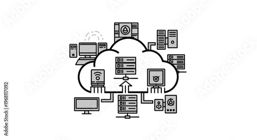 Conceptual illustration of cloud computing network depicting data storage and processing