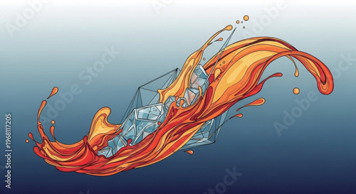 Dynamic orange liquid splash with geometric ice cubes frozen in motion creating an abstract energetic and refreshing beverage concept against a gradient background vector