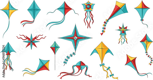 Colorful geometric kites collection vector illustration playful modern shapes flying isolated design elements decorative abstract festival sky objects set creative bright art