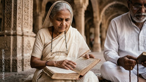 Elderly woman reading a book.