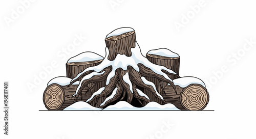 Snowy tree stumps and logs form a natural winter scene