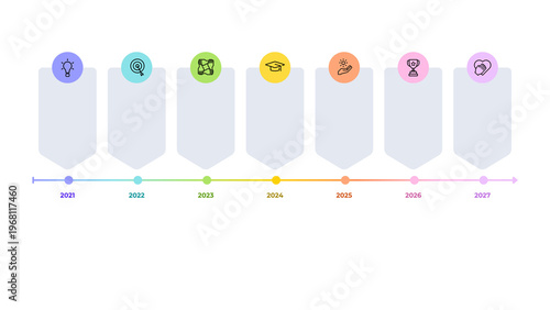 Modern business tmeline infographic template with 7 steps and multi colour icons