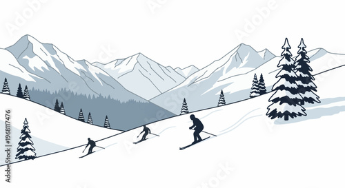 Snowy mountain landscape with skiers descending slopes and pine trees