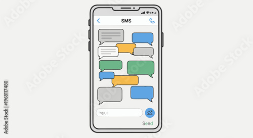 Smartphone displaying SMS conversation with colorful chat bubbles and input field