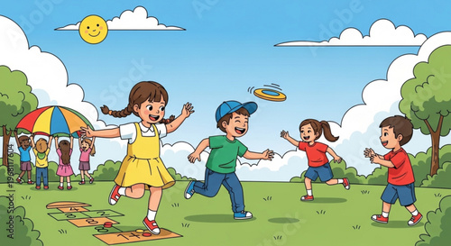 Joyful children playing outdoor games like hopscotch and frisbee on a sunny summer day in a park surrounded by lush green trees and a bright blue sky with fluffy clouds