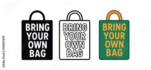 Bring your own bag icon set. reusable shopping bag, reduce plastic, grocery tote, eco carry, sustainable shopping. outline flat and colored vector illustration.
