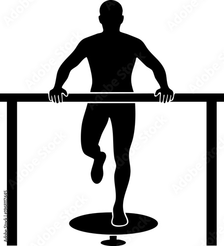 Man balancing on rotating platform with parallel bars vector fitness illustration.