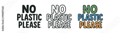 No plastic please icon set. anti plastic, reduce waste, ban single use, environmental plea, ocean safe. outline flat and colored vector illustration.