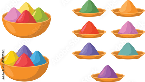 Colorful Holi powder bowls set with vibrant gulal colors for Indian festival celebration, traditional holiday pigment cartoon vector illustration collection isolated