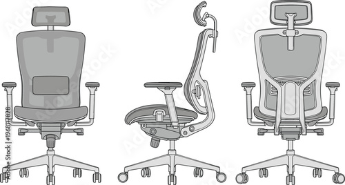 Ergonomic office chair vector set with front side and back views adjustable modern workspace seating furniture illustration isolated on white background