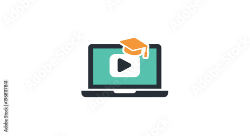 E-learning platform with video lecture and graduation cap icon, online education symbol