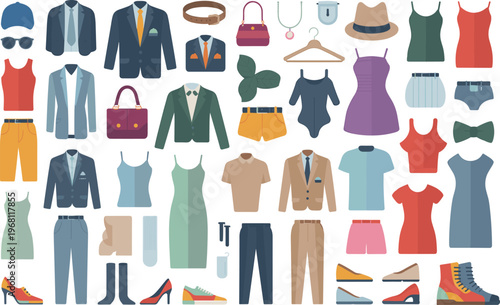 Colorful flat vector icons of men's and women's clothing accessories fashion apparel suits dresses shoes bags hats isolated on white background