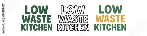 Low waste kitchen icon set. low waste kitchen, zero waste cooking, sustainable kitchen, refill, composting, reusable containers, pantry organization. line, flat and colored vector icon set.