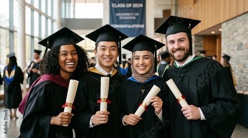 Graduates in caps and gowns smiling.