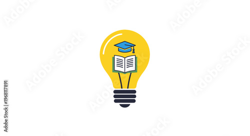Educational concept represented by a lightbulb featuring book and graduation cap elements