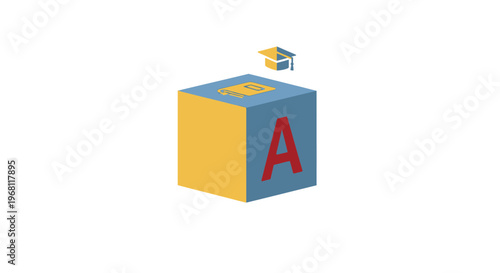 Educational Concept: Cubical Block with Alphabet Letter, Book, and Graduation Cap Icon